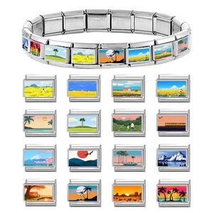 Italian charm bracelet in stainless steel with 16 landscape illustration modular links
