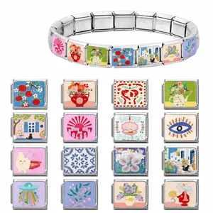 Bracelet italien modulaire DIY en acier inoxydable avec 16 charms émaillés colorés