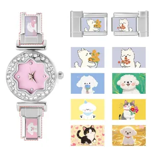 Detail of silver rhinestone watch with DIY charms featuring cute puppy illustrations