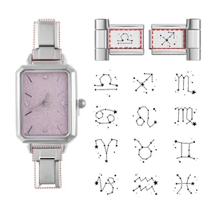 Detailed view of Italian charm watch with pink glitter dial and 12 zodiac link custom options