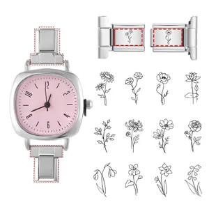 Detail view of pink dial quartz watch with floral charms customization engraving options