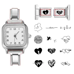 Macro view of modular Italian charms and silver watch band with romantic DIY patterns
