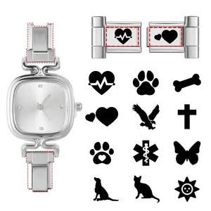 Detail of silver modular watch strap showing customizable links with diverse icons
