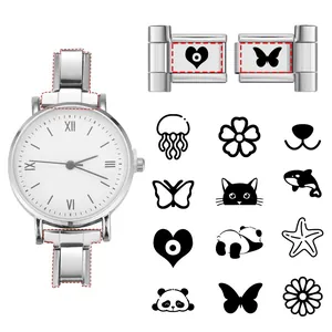 Detail of silver quartz watch with Roman numeral dial and customizable modular link options