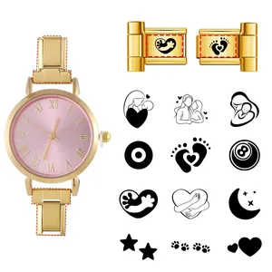 Customizable Italian charm bracelet watch with laser-engraved golden links and pink dial