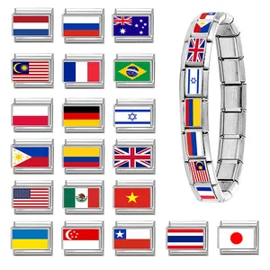 Bracelet modulaire italien en acier inoxydable avec maillons de drapeaux du monde
