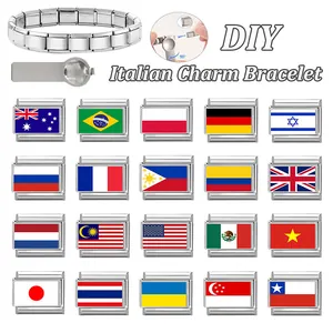 Bracelet italien à charms en acier inoxydable avec drapeaux nationaux et outil de DIY