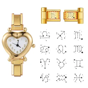 Customizable gold heart-shaped quartz watch with modular zodiac link straps