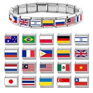 Bracelet italien modulaire en acier inoxydable avec 20 maillons de drapeaux nationaux