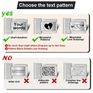 Guide for custom Italian charm bracelet links showing laser engraving design examples