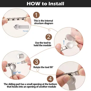 Detail guide showing 90-degree assembly of modular stainless steel bracelet links