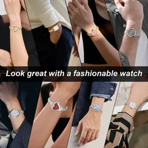Close-up of stylish ladies watches with various dial shapes and colorful metal straps