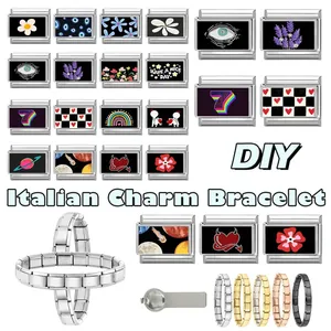 Italian charm bracelet links featuring colorful heart, eye, and flower motifs in stainless steel