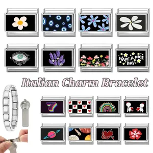 DIY Italian charm bracelet modules with floral, eye, and heart icons including tool