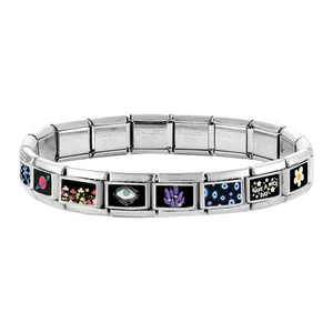 Detail of Italian modular stainless steel bracelet with colorful enamel charms and links