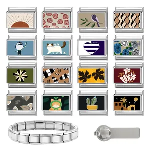 Detailed view of 16 modular Italian charms with animal and floral patterns in stainless steel