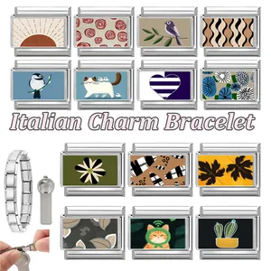 Close-up of Italian charm links with animal and flower prints and assembly tool