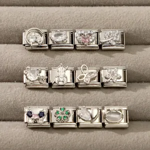 Italian charm links set with silver stainless steel, zircon moon cat and heart designs
