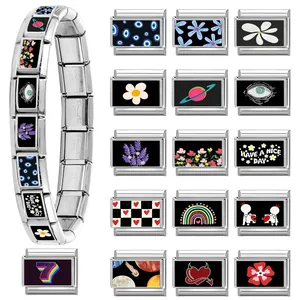 Italian charm bracelet in stainless steel with colorful flower and evil eye modules
