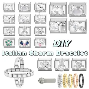 Detailed close-up of Italian charm bracelet links featuring cat and heart motifs