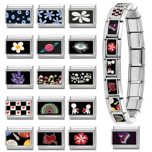 Italian charm bracelet featuring stainless steel modular links with colorful heart and eye icons