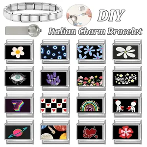 Italian charm bracelet kit with 16 modular charms and stainless steel assembly tool