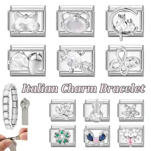 Italian charm bracelet links featuring cat, heart, and butterfly charms with colorful crystals