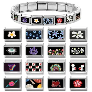 Italian charms bracelet in stainless steel with colorful hearts and evil eye links