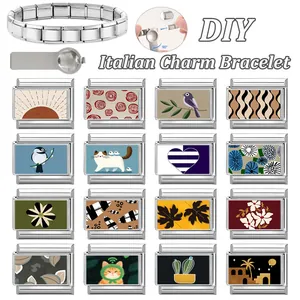 Italian charm bracelet DIY set in stainless steel with 16 decorative links and assembly tool