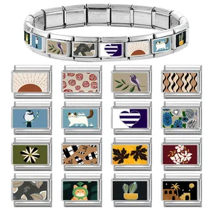 Italian modular charm bracelet in stainless steel with colorful animal and floral patterns