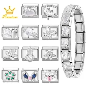 Italian charm bracelet in stainless steel with colorful zircon butterfly and maple leaf