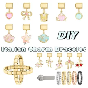 Vue détaillée des maillons de bracelet à breloques italien avec pendentifs variés