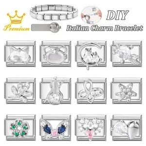 Italian charm bracelet DIY set with stainless steel links featuring cat and heart charms