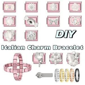 Makro-Detail verschiedener Charm-Module mit Perlen und Kristallen für DIY-Armbänder
