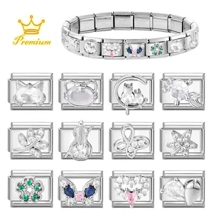 Italian modular charm bracelet in stainless steel with colorful crystal charms