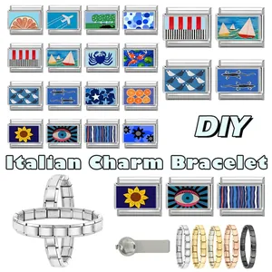 Italian charm bracelet charms with sunflower, evil eye motifs and modular base chains