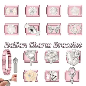 Italienische Charm-Armband-Teile mit rosa Schleifen, Perlen, Kristallen und Werkzeugen