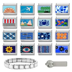 DIY modular stainless steel bracelet kit with 16 colorful charms and adjustment tool