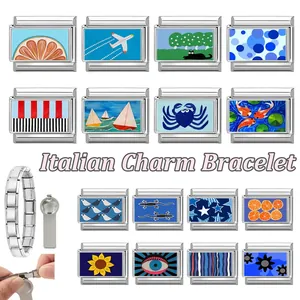 Italian charm bracelet detail featuring stainless steel modules with colorful painted patterns