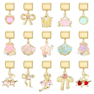 Pendentifs en Acier Inoxydable Plqué Or Italian Charm Link DIY Coeur Étoile Cerise Nœud Fleur Coquille Charms pour la Fabrication de Bracelets Modulaires