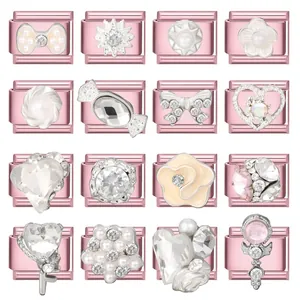 DIY Italienischer Charm Armband Links Edelstahl Roségold Perle Strass Herz Blume Schleife Stern Modulares Schmuckherstellungszubehör