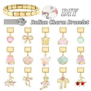 Bracelet à breloques italien doré en acier inoxydable avec quinze pendentifs DIY