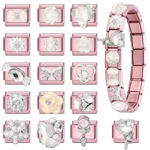 Roségoldenes Italienisches Charm-Armband mit Perlen-, Schleifen- und Herzanhängern