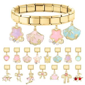Bracelet modulaire italien en acier inoxydable doré avec breloques étoile et palmier