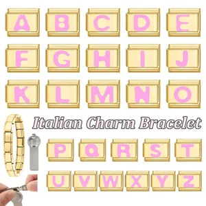 Maillons de bracelet italien avec lettres roses A-Z sur base en acier inoxydable doré