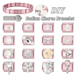 Italienisches Charm-Armband DIY-Set mit 16 Gliedern aus Edelstahl und Montagewerkzeug