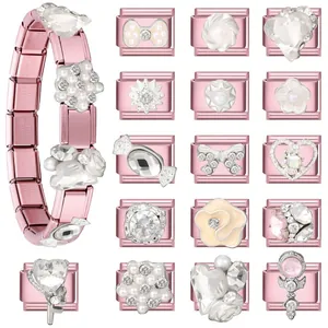 Rosa italienisches Modularmband aus Edelstahl mit Herz- und Schleifenanhängern für Damen