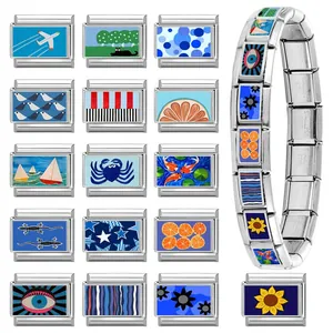 Italian modular stainless steel charm bracelet with blue eye and flower enamel links