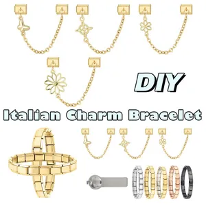 Detail of Italian charm bracelets in five colors with floral pendants and opening tool