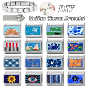 DIY Italian charm bracelet set with blue theme charms and stainless steel base links
